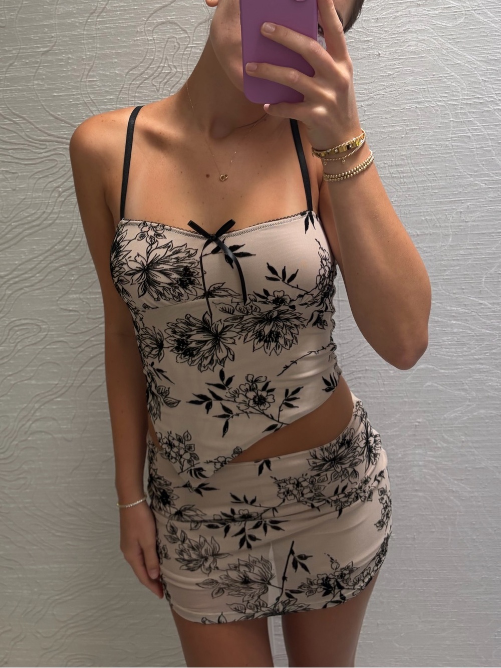 Isalis Beige Floral Two-Piece Set (tank top & skirt)